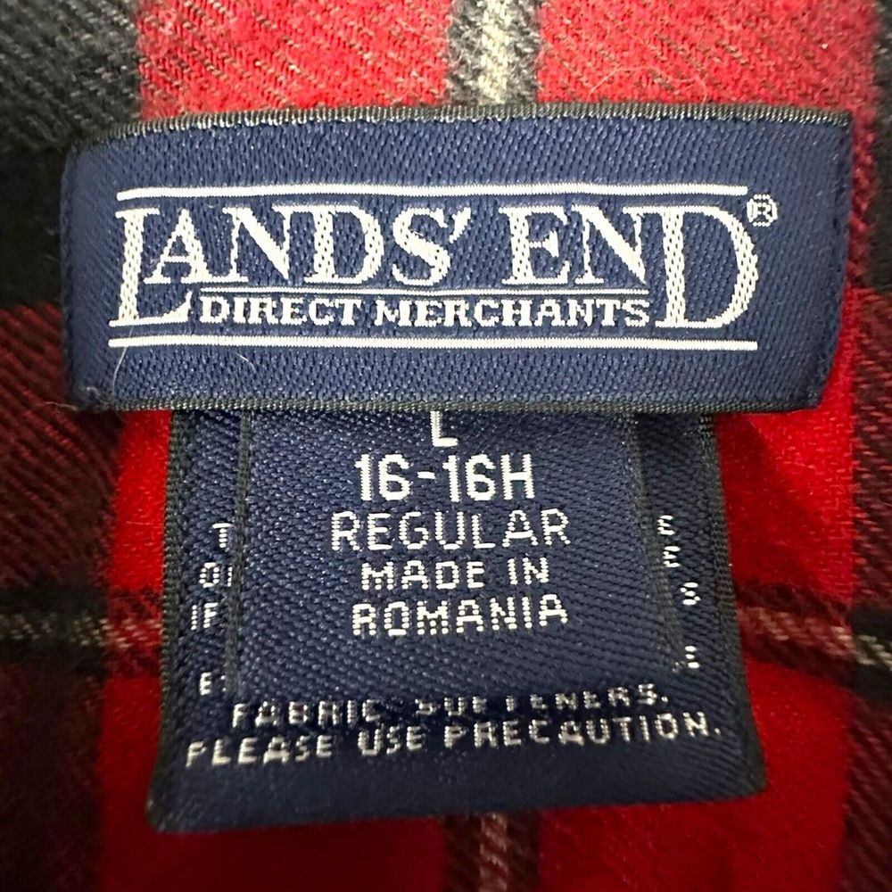 Lands End Men's Flannel Shirt Size Large Gray Red Plaid Cotton Button Down Shirt - Picture 3 of 7